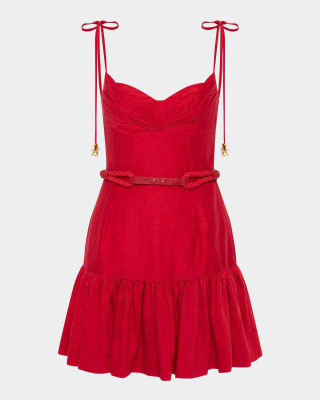 Simona Belted Flounce Sweetheart Mini Dress
